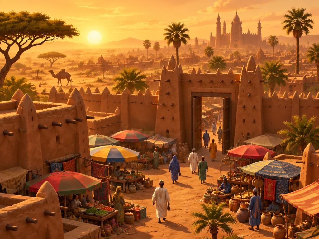 Kano market and city gate at sunset
